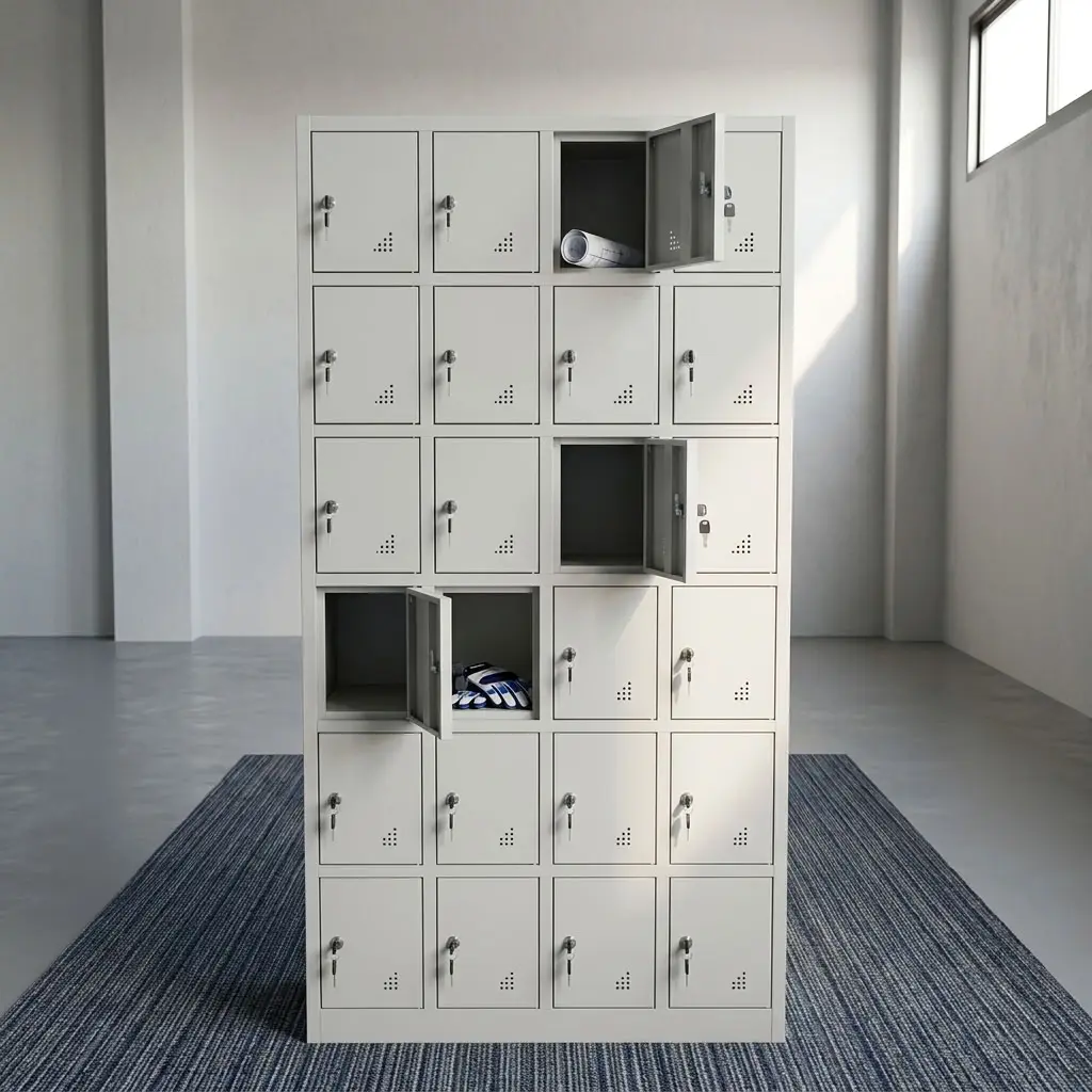 A premium 24-Door Staff Locker Cabinet featuring an industrial gray metal body with twenty-four lockable square compartments, showcasing three open doors.