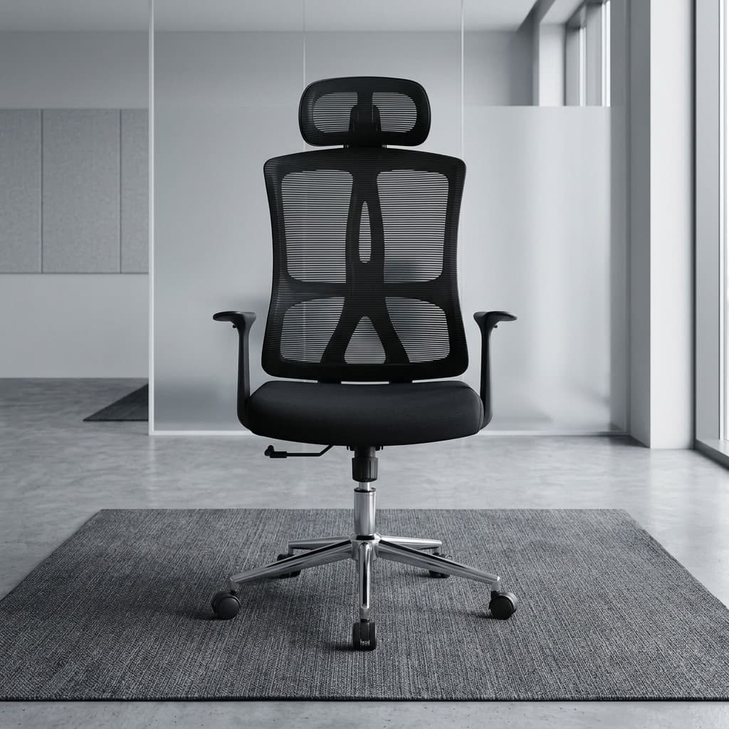 Black Executive Task Chair with high-back mesh, headrest, padded seat, and fixed armrests