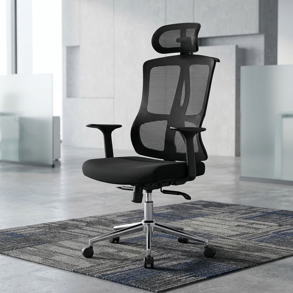 Black Executive Task Chair with high-back mesh, headrest, padded seat, and fixed armrests