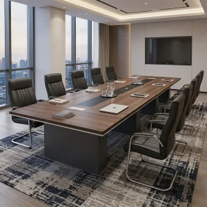 4m Executive Meeting Room Table with dark walnut-look rectangular top, central power grommet, light edge trim and wide dark panel supports.