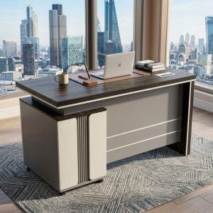 Modern Executive 1.4m Office Desk in two-tone dark wood finish with cable management port