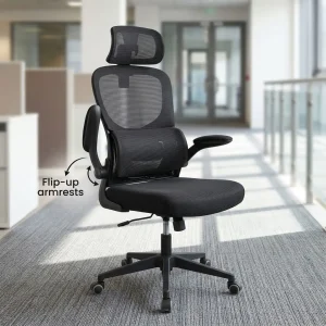 Buy Flip-Up Armrest Mesh Chair in Kenya with adjustable headrest, breathable black mesh backrest, padded seat, foldable armrests and wheeled swivel base.