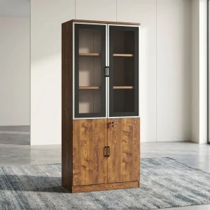 Wooden filing cabinet with a rich oak finish, featuring two upper glass display doors with black frames and two lower lockable solid wooden cabinet doors.