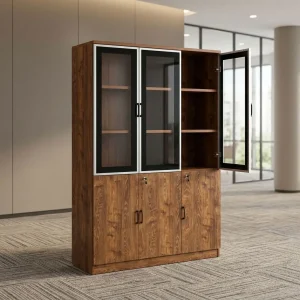 3-door wooden filing cabinet with a rich walnut finish, three upper glass display doors with black frames, and three lower lockable wooden cabinet doors.