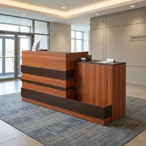 2m Modern Corporate Reception Desk with warm wood-grain panels, raised front counter, lower work surface and dark horizontal accent bands.