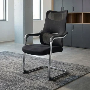 Ergonomic Mesh Conference Room Chair with black high mesh backrest, padded fabric seat, curved armrests and chrome-finished cantilever frame.