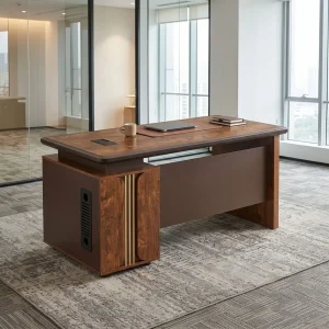 1.4m Floating Top Executive Desk with brown wood-grain rectangular tabletop, raised floating design, dark modesty panel and solid panel supports.