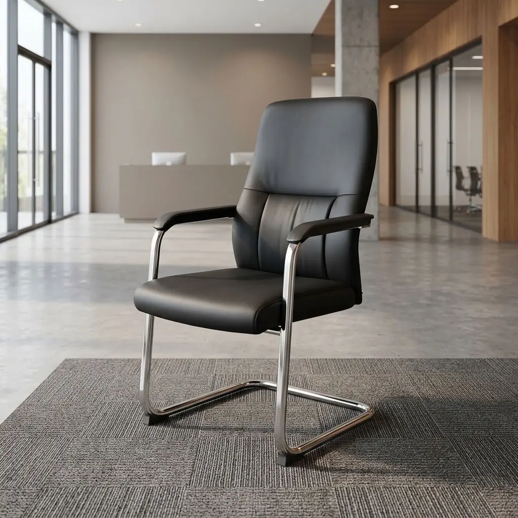 Mid-back cantilever visitor office chair featuring black upholstered leather cushions, fixed padded armrests, and a continuous polished chrome steel tube frame.