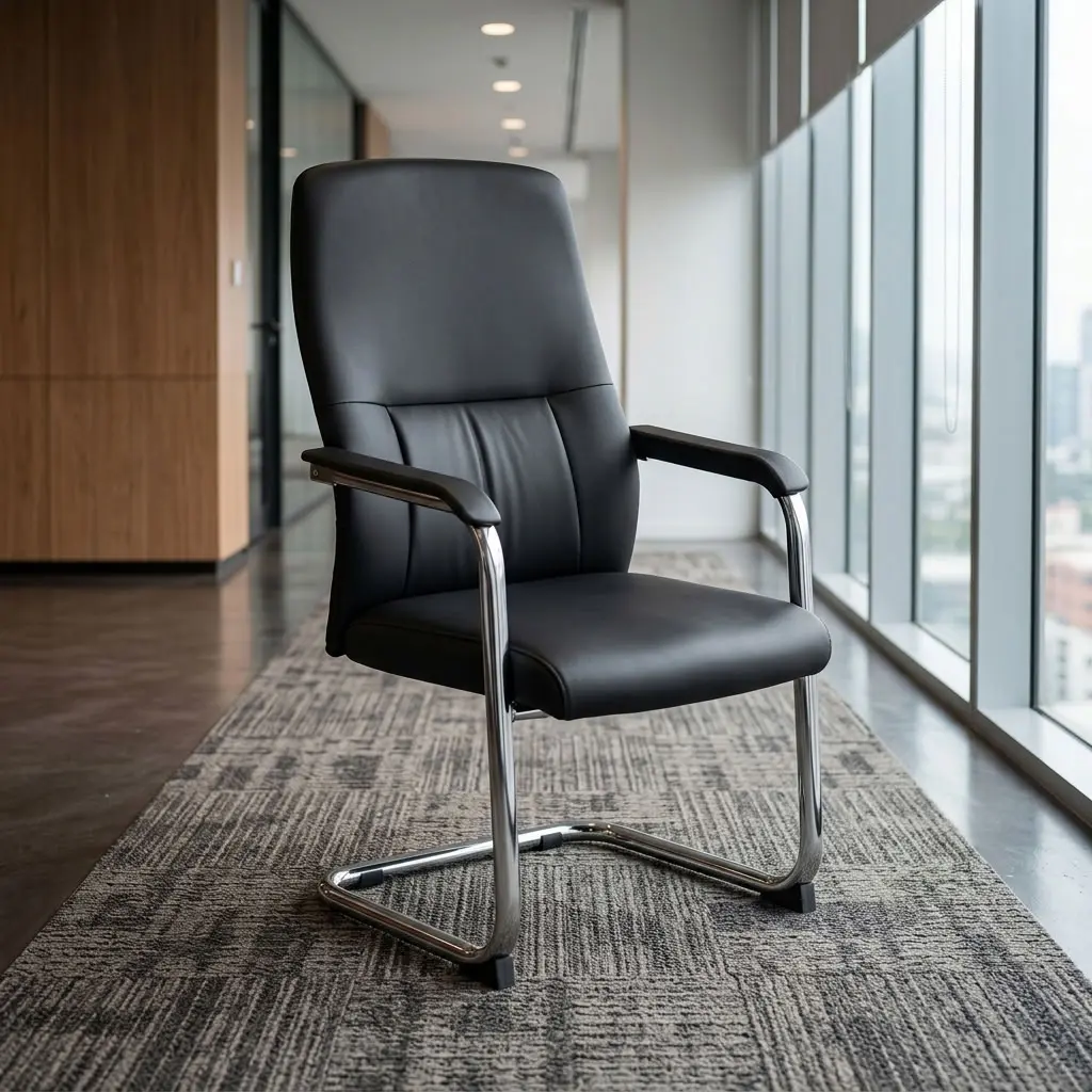 Mid-back cantilever visitor office chair featuring black upholstered leather cushions, fixed padded armrests, and a continuous polished chrome steel tube frame.