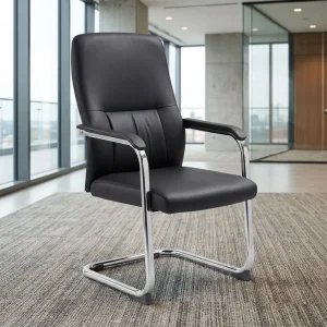 Mid-back cantilever visitor office chair featuring black upholstered leather cushions, fixed padded armrests, and a continuous polished chrome steel tube frame.
