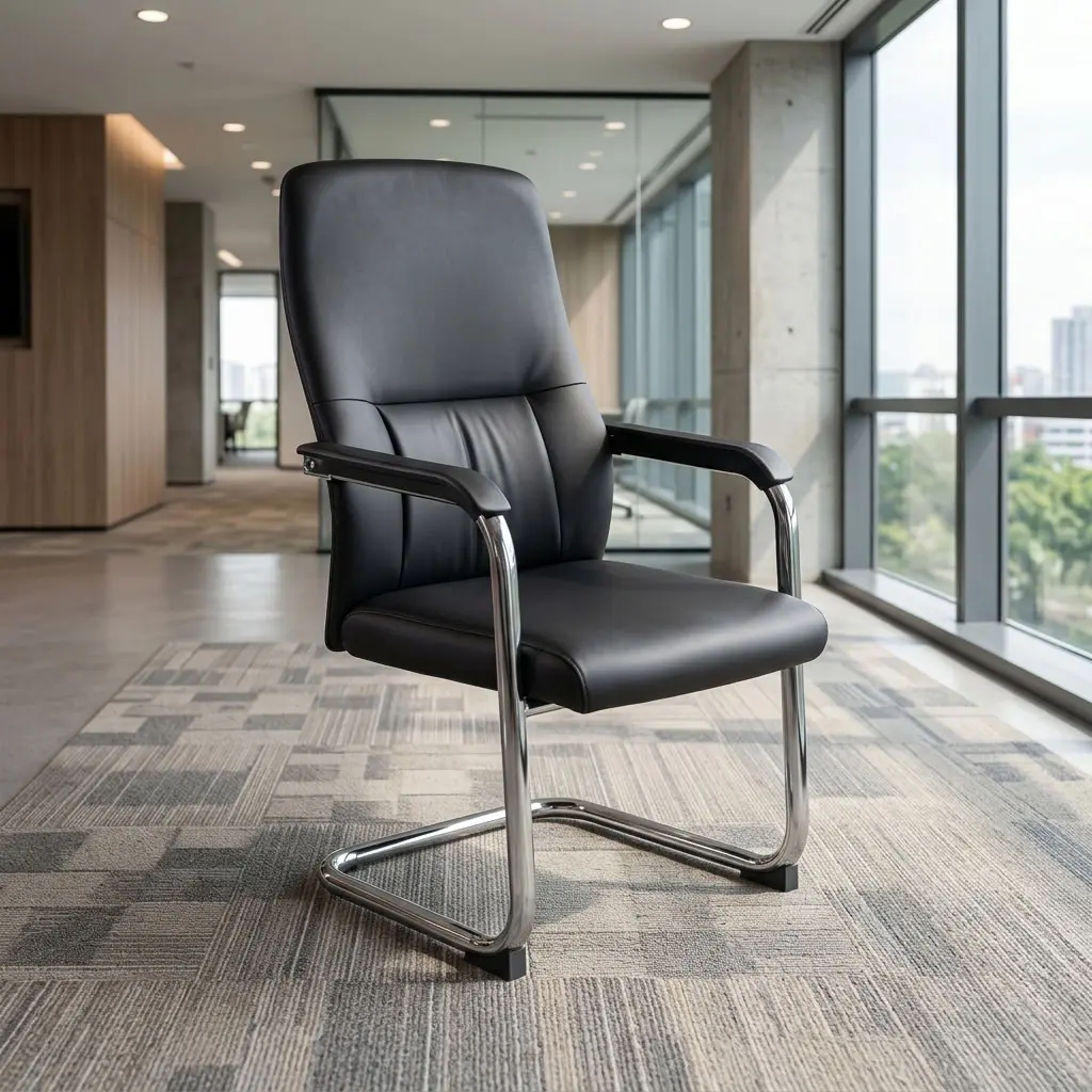 Mid-back cantilever visitor office chair featuring black upholstered leather cushions, fixed padded armrests, and a continuous polished chrome steel tube frame.