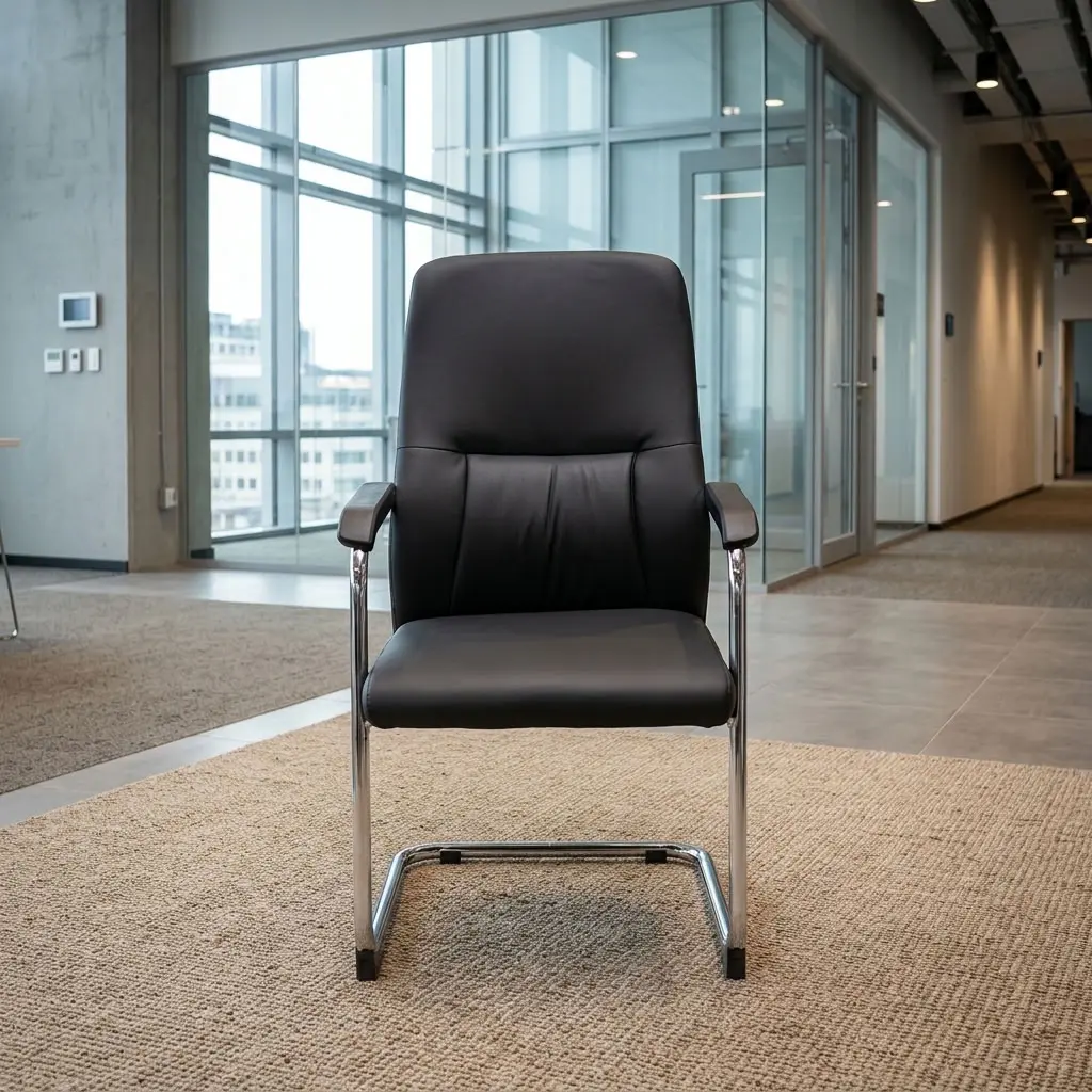 Mid-back cantilever visitor office chair featuring black upholstered leather cushions, fixed padded armrests, and a continuous polished chrome steel tube frame.
