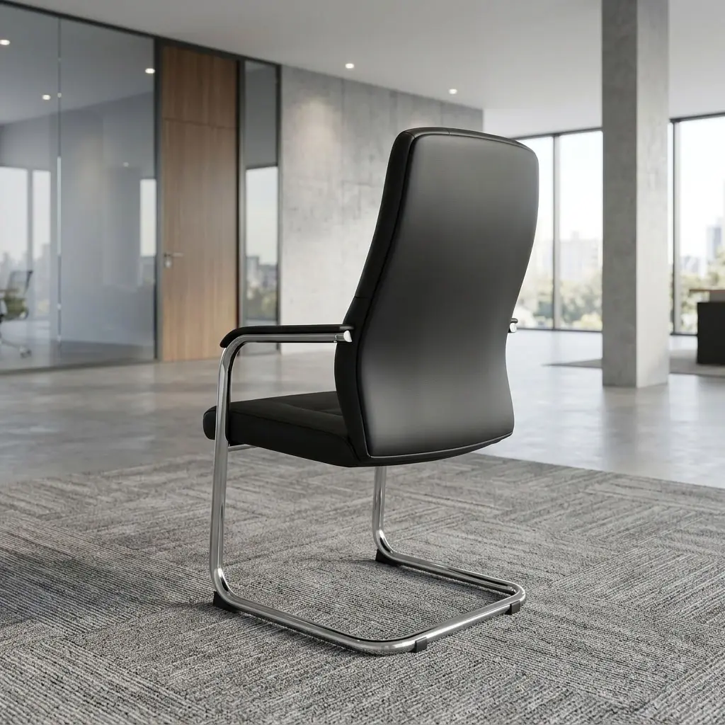 Mid-back cantilever visitor office chair featuring black upholstered leather cushions, fixed padded armrests, and a continuous polished chrome steel tube frame.