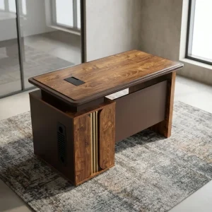 Compact 1.2-meter executive office desk featuring a rich teak wood-grain finish, built-in three-drawer storage pedestal, and a floating desktop design.