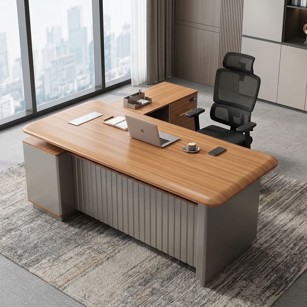 1.6m Smart Office Desk with light woodgrain rounded tabletop, built-in electrical outlets and USB ports, gray grooved modesty panel, side storage shelves, two drawers, gold-tone handles and combination lock.