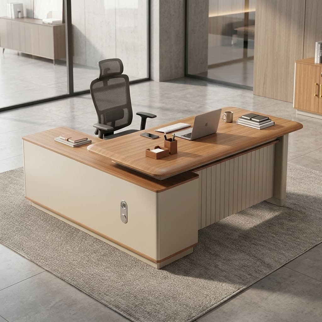 1.6m Smart Office Desk with light woodgrain rounded tabletop, built-in electrical outlets and USB ports, gray grooved modesty panel, side storage shelves, two drawers, gold-tone handles and combination lock.