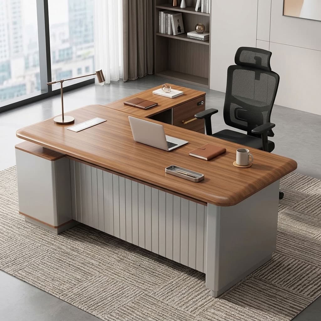 1.6m Smart Office Desk with light woodgrain rounded tabletop, built-in electrical outlets and USB ports, gray grooved modesty panel, side storage shelves, two drawers, gold-tone handles and combination lock.