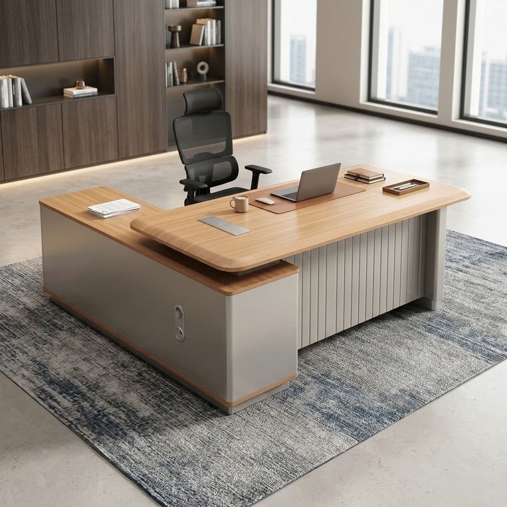 1.6m Smart Office Desk with light woodgrain rounded tabletop, built-in electrical outlets and USB ports, gray grooved modesty panel, side storage shelves, two drawers, gold-tone handles and combination lock.