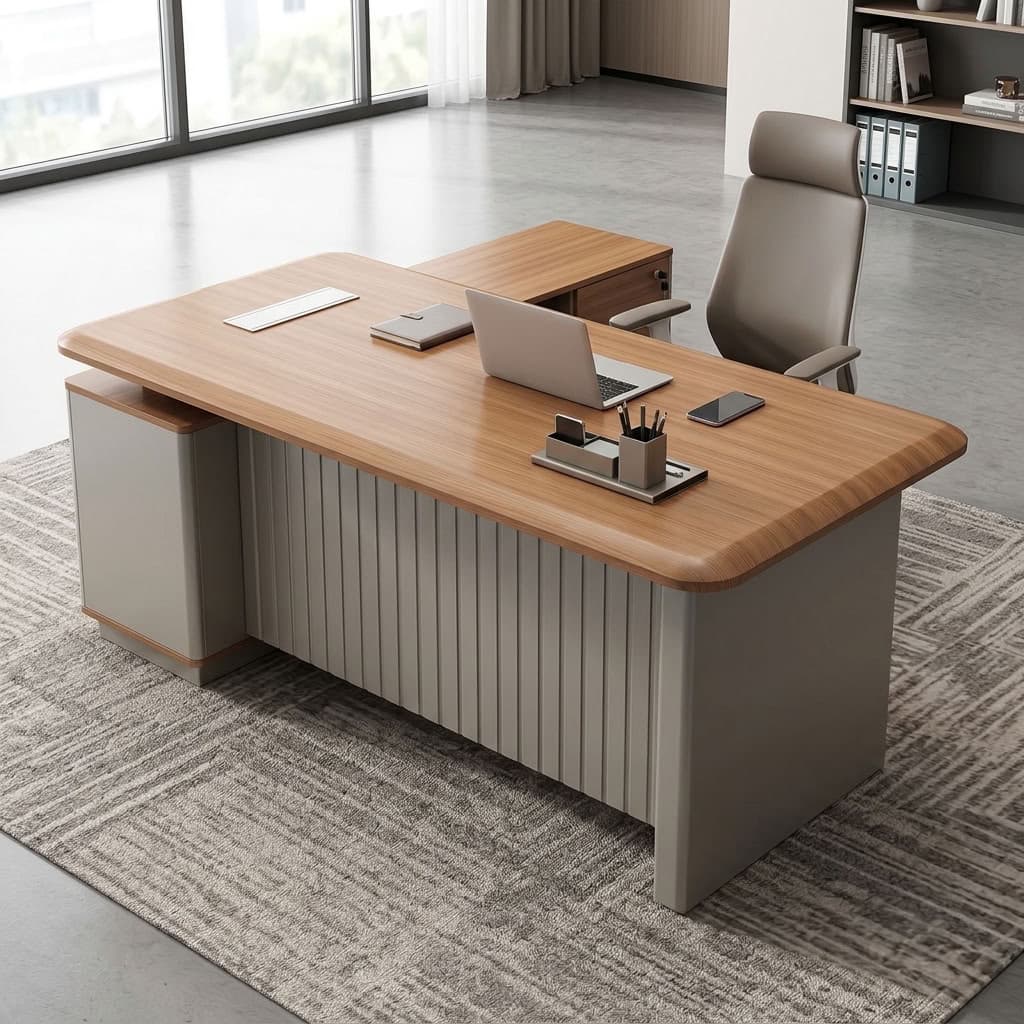 1.6m Smart Office Desk with light woodgrain rounded tabletop, built-in electrical outlets and USB ports, gray grooved modesty panel, side storage shelves, two drawers, gold-tone handles and combination lock.