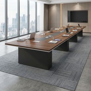 Premium 6m Boardroom Table with long rectangular brown woodgrain tabletop, dark central accent panels, six integrated grommets including two power grommets, and dark pedestal supports.
