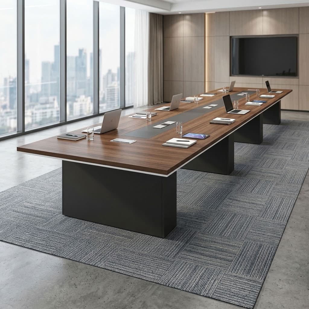 Premium 6m Boardroom Table with long rectangular brown woodgrain tabletop, dark central accent panels, six integrated grommets including two power grommets, and dark pedestal supports.