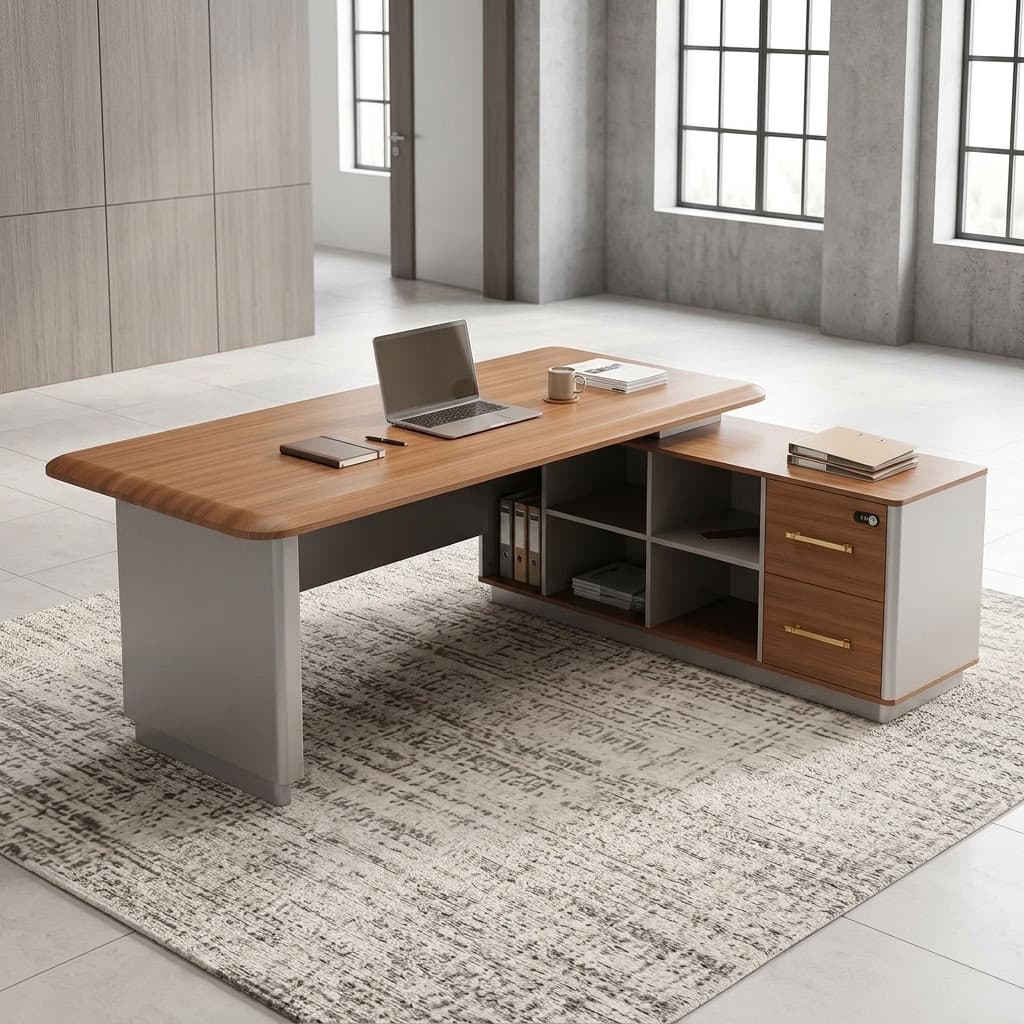 1.6m Smart Office Desk with light woodgrain rounded tabletop, built-in electrical outlets and USB ports, gray grooved modesty panel, side storage shelves, two drawers, gold-tone handles and combination lock.
