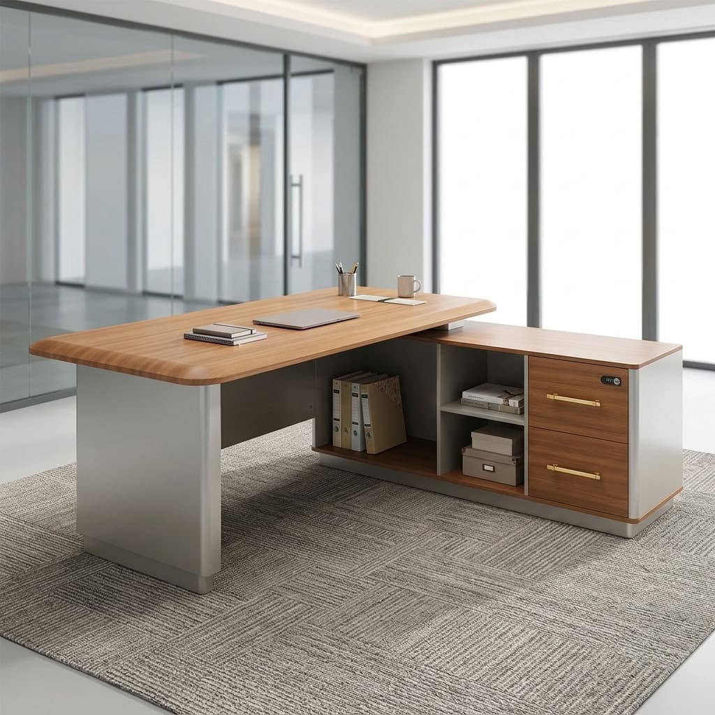 1.6m Smart Office Desk with light woodgrain rounded tabletop, built-in electrical outlets and USB ports, gray grooved modesty panel, side storage shelves, two drawers, gold-tone handles and combination lock.