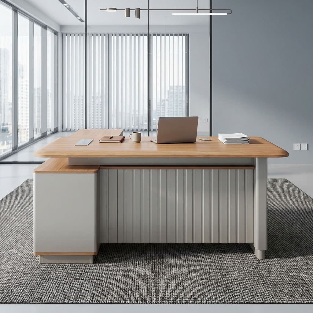 1.6m Smart Office Desk with light woodgrain rounded tabletop, built-in electrical outlets and USB ports, gray grooved modesty panel, side storage shelves, two drawers, gold-tone handles and combination lock.