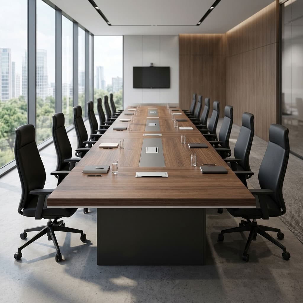 Premium 6m Boardroom Table with long rectangular brown woodgrain tabletop, dark central accent panels, six integrated grommets including two power grommets, and dark pedestal supports.