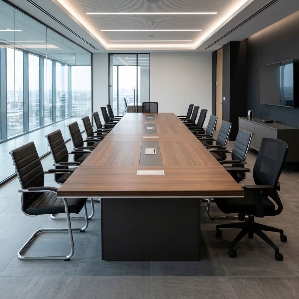 Premium 6m Boardroom Table with long rectangular brown woodgrain tabletop, dark central accent panels, six integrated grommets including two power grommets, and dark pedestal supports.