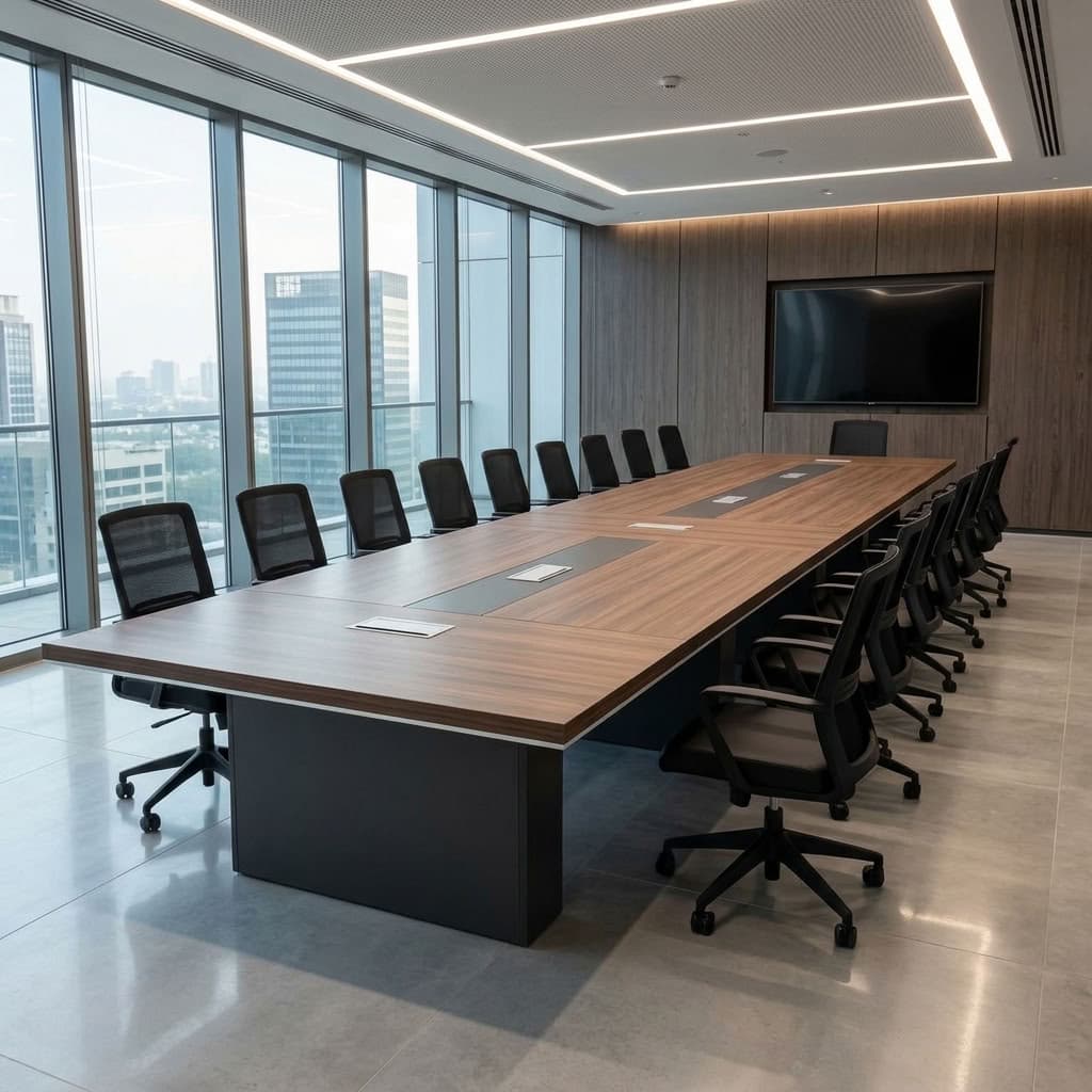 Premium 6m Boardroom Table with long rectangular brown woodgrain tabletop, dark central accent panels, six integrated grommets including two power grommets, and dark pedestal supports.