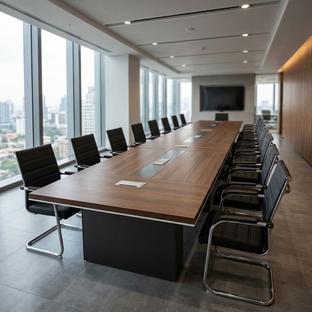 Premium 6m Boardroom Table with long rectangular brown woodgrain tabletop, dark central accent panels, six integrated grommets including two power grommets, and dark pedestal supports.