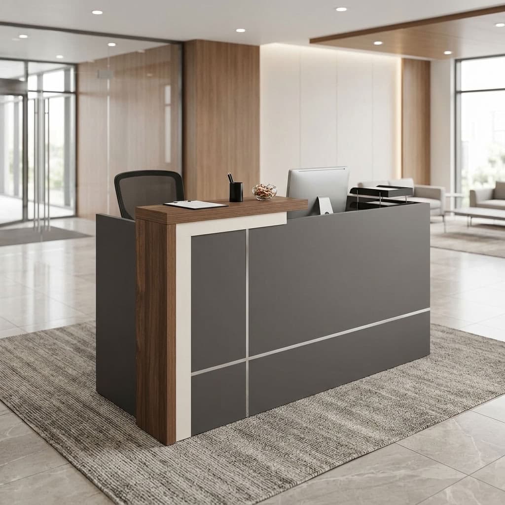 1.8m Modern Executive Reception Desk with grey front panels, silver-tone decorative lines, wood-grain counter, and two lockable storage drawers.