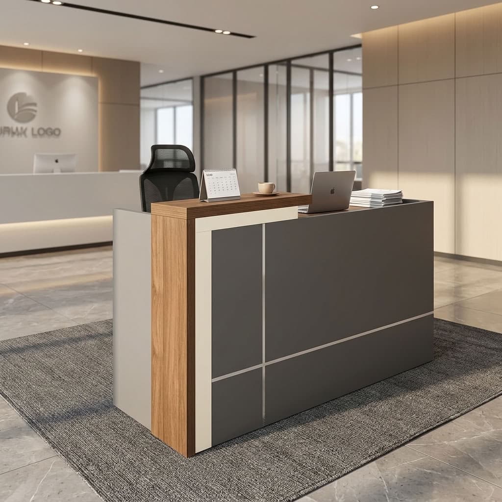 1.8m Modern Executive Reception Desk with grey front panels, silver-tone decorative lines, wood-grain counter, and two lockable storage drawers.