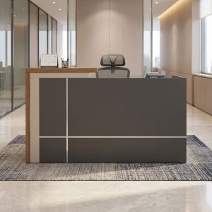 1.8m Modern Executive Reception Desk with grey front panels, silver-tone decorative lines, wood-grain counter, and two lockable storage drawers.