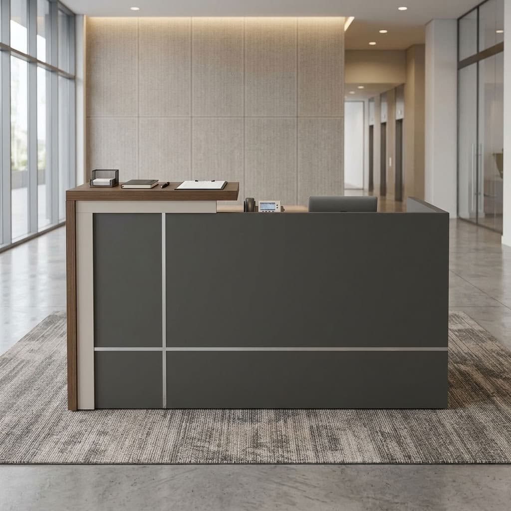 1.8m Modern Executive Reception Desk with grey front panels, silver-tone decorative lines, wood-grain counter, and two lockable storage drawers.