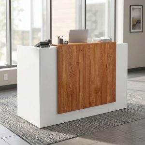 Compact 1.4m Reception Desk with wood-grain front panel, white side panels, raised reception counter, matching desktop and two integrated storage drawers.
