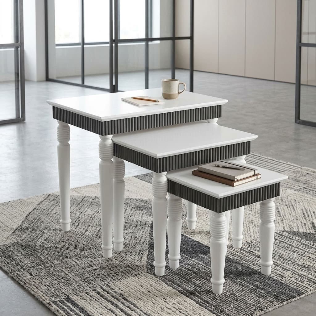 Premium Nesting Tables Set featuring three graduated rectangular white tabletops, dark grey ribbed apron panels, and decorative white turned legs.