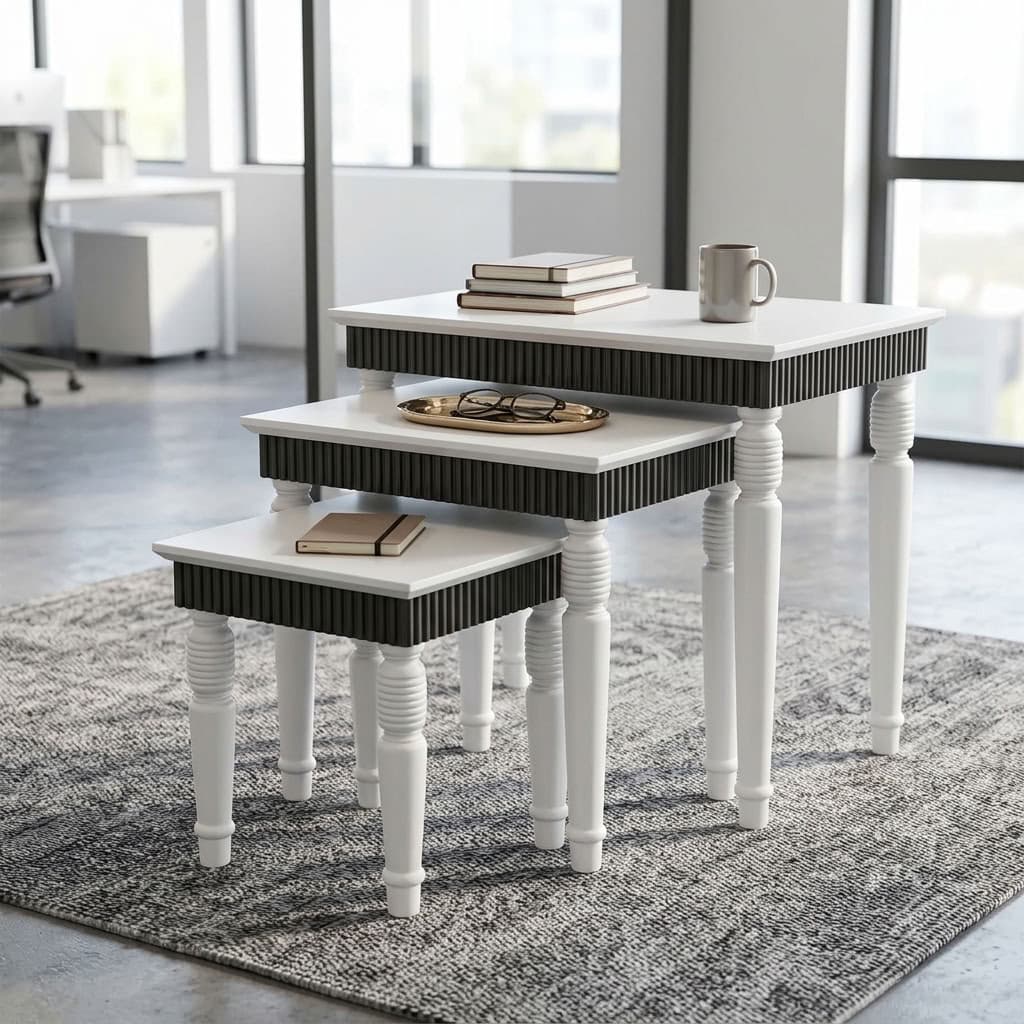 Premium Nesting Tables Set featuring three graduated rectangular white tabletops, dark grey ribbed apron panels, and decorative white turned legs.