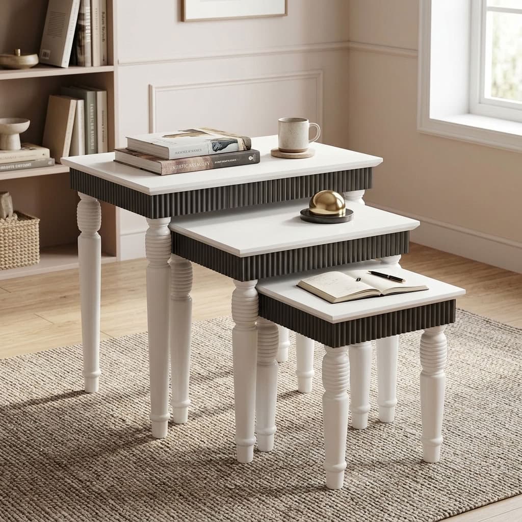 Premium Nesting Tables Set featuring three graduated rectangular white tabletops, dark grey ribbed apron panels, and decorative white turned legs.