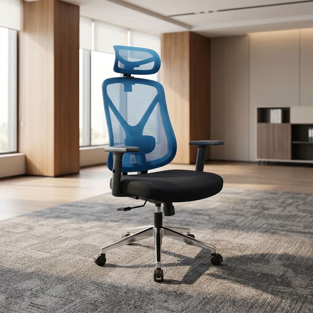 Blue Orthopedic Mesh Office Seat with breathable high backrest, adjustable mesh headrest, height-adjustable black armrests, padded black seat, and chrome-finish five-star swivel base with castor wheels.