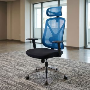 Blue Orthopedic Mesh Office Seat with breathable high backrest, adjustable mesh headrest, height-adjustable black armrests, padded black seat, and chrome-finish five-star swivel base with castor wheels.