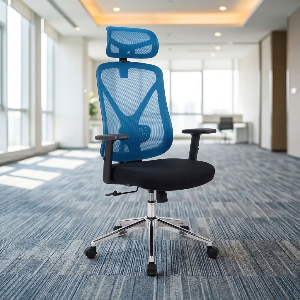 Blue Orthopedic Mesh Office Seat with breathable high backrest, adjustable mesh headrest, height-adjustable black armrests, padded black seat, and chrome-finish five-star swivel base with castor wheels.