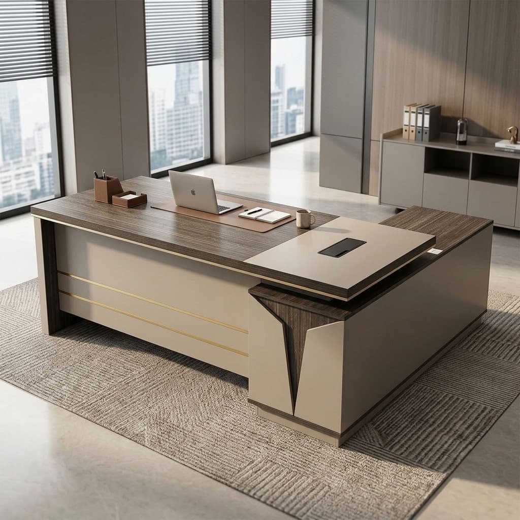 1.8m Manager Office Desk with dark gray wood-grain tabletop, white front modesty panel, gold-tone horizontal accents, L-shaped side return, and matching angular side cabinet.