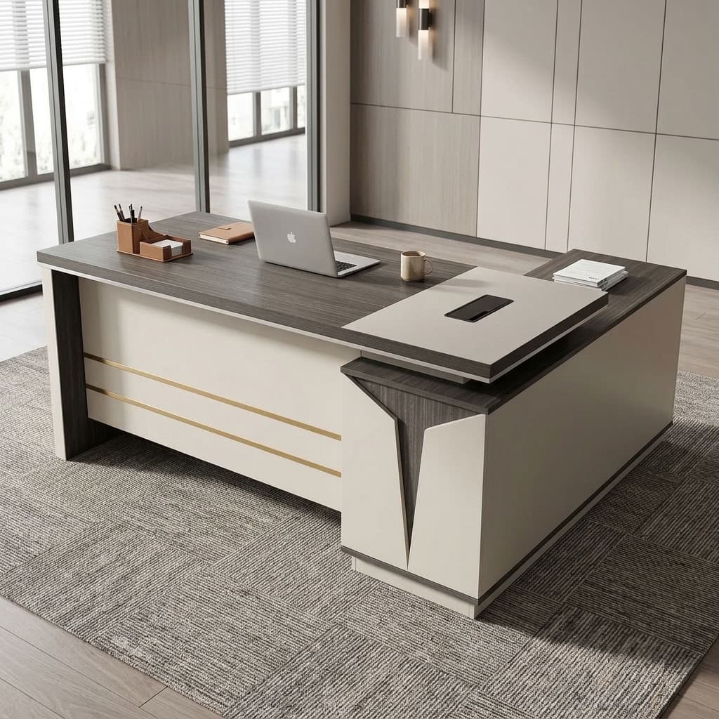 1.8m Manager Office Desk with dark gray wood-grain tabletop, white front modesty panel, gold-tone horizontal accents, L-shaped side return, and matching angular side cabinet.