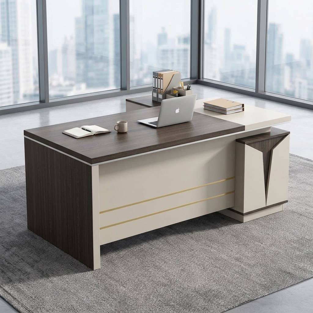 1.8m Manager Office Desk with dark gray wood-grain tabletop, white front modesty panel, gold-tone horizontal accents, L-shaped side return, and matching angular side cabinet.