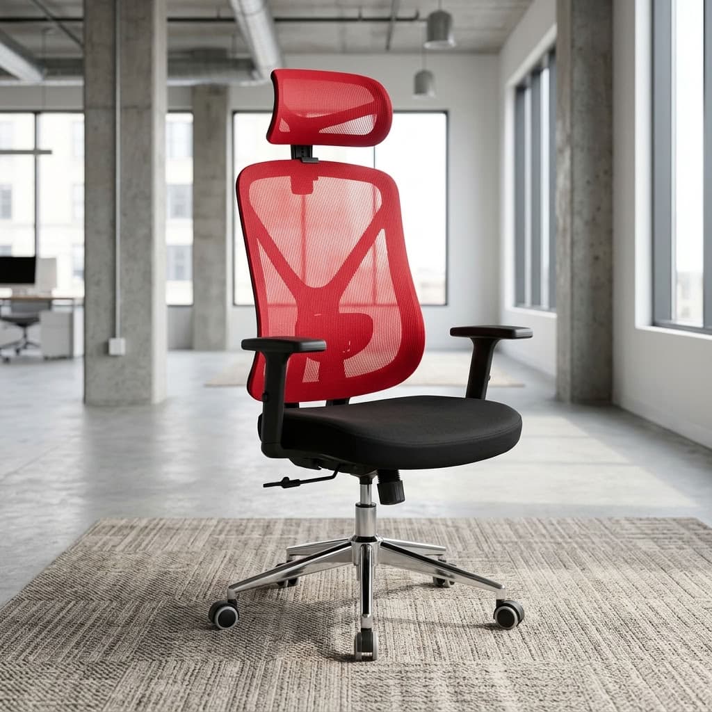 Red Orthopedic Mesh Chair with breathable high-back mesh backrest, adjustable mesh headrest, black cushioned seat, height-adjustable armrests, and chrome-finish five-star swivel base with caster wheels.