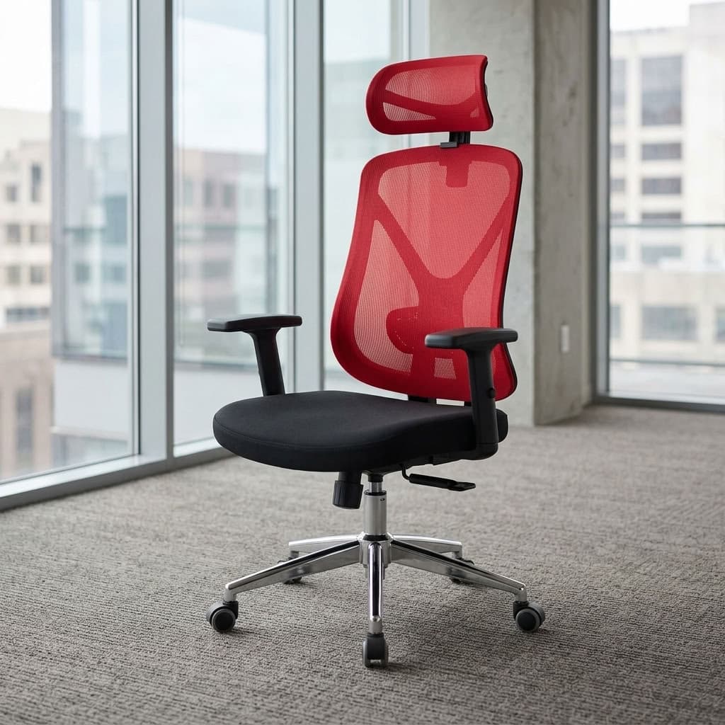 Red Orthopedic Mesh Chair with breathable high-back mesh backrest, adjustable mesh headrest, black cushioned seat, height-adjustable armrests, and chrome-finish five-star swivel base with caster wheels.