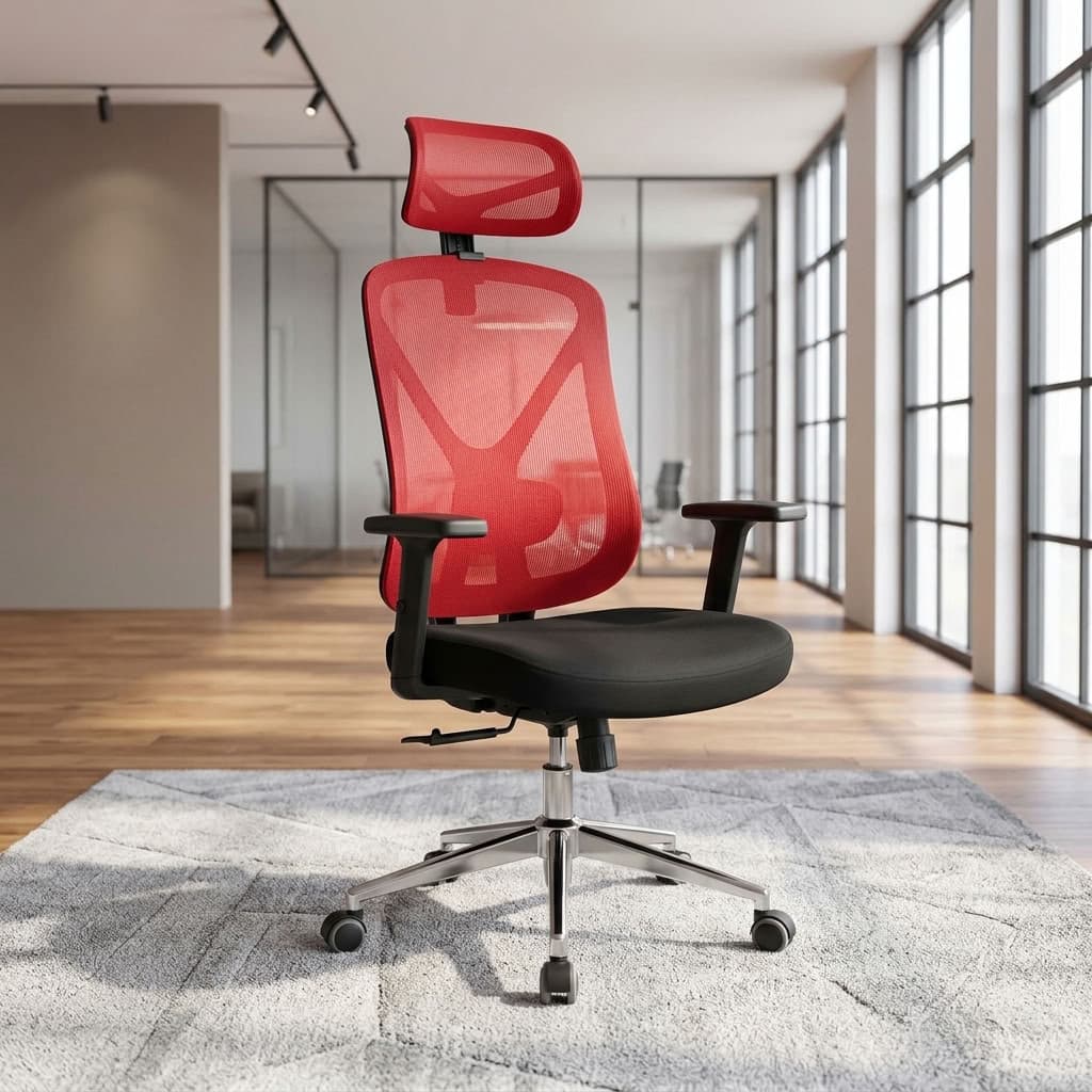 Red Orthopedic Mesh Chair with breathable high-back mesh backrest, adjustable mesh headrest, black cushioned seat, height-adjustable armrests, and chrome-finish five-star swivel base with caster wheels.