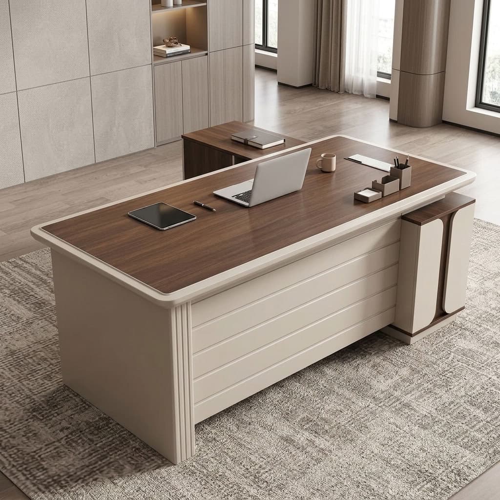 1.8m Modern Executive L-Shaped Desk with walnut-look tabletop, rounded cream-white edges, horizontal front modesty panel, and matching side return with curved detailing.